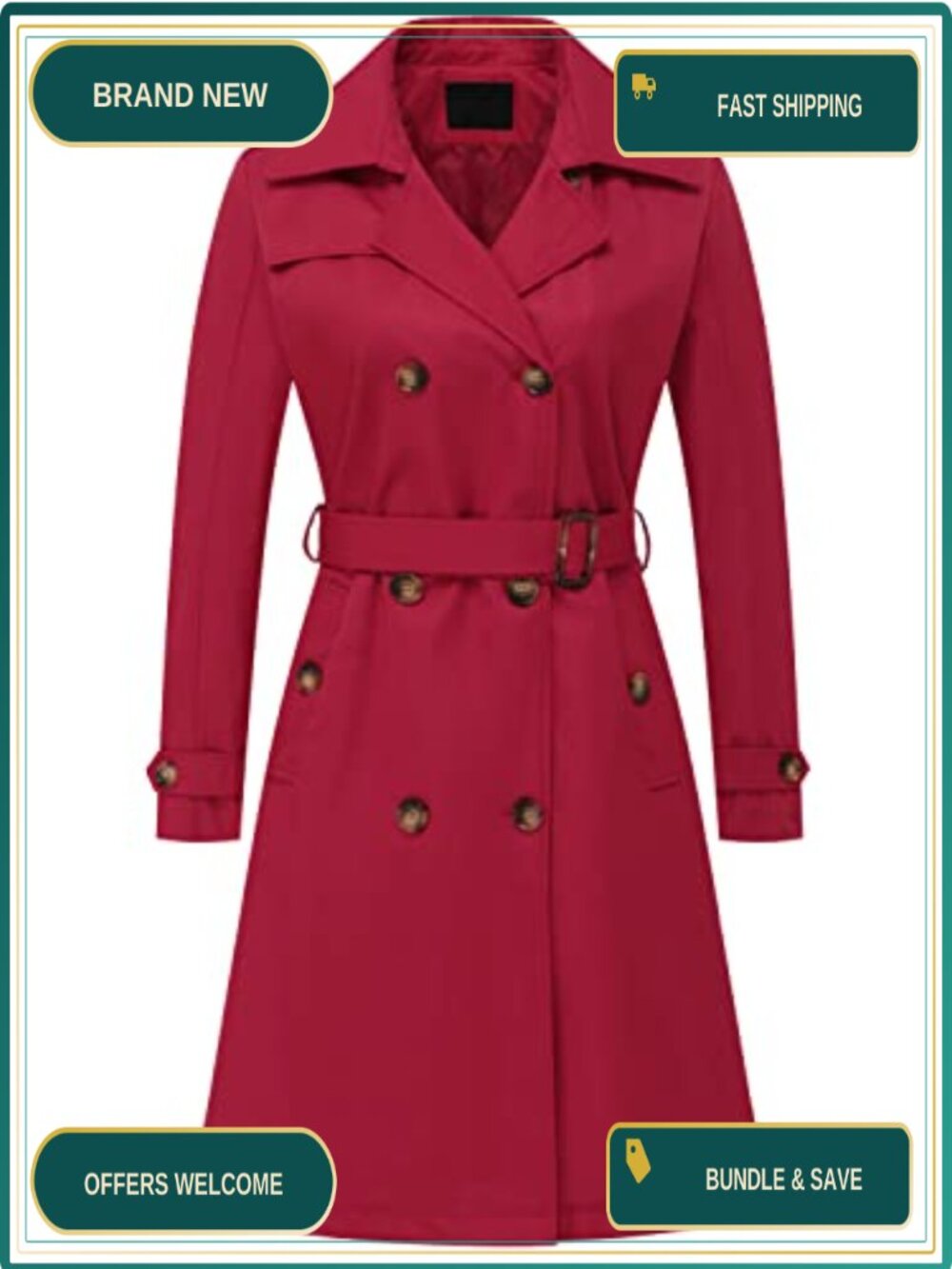 Women's Double Breasted Long Trench Coat Mid-Length Belted Overcoat Dress